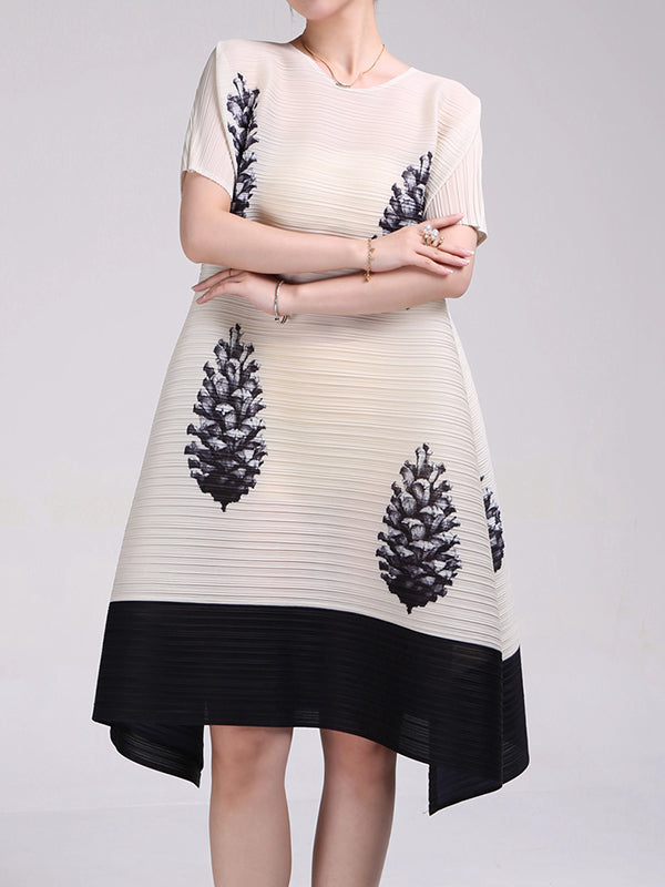 Flower Print Pleated A-Line Loose Round-Neck Midi Dresses