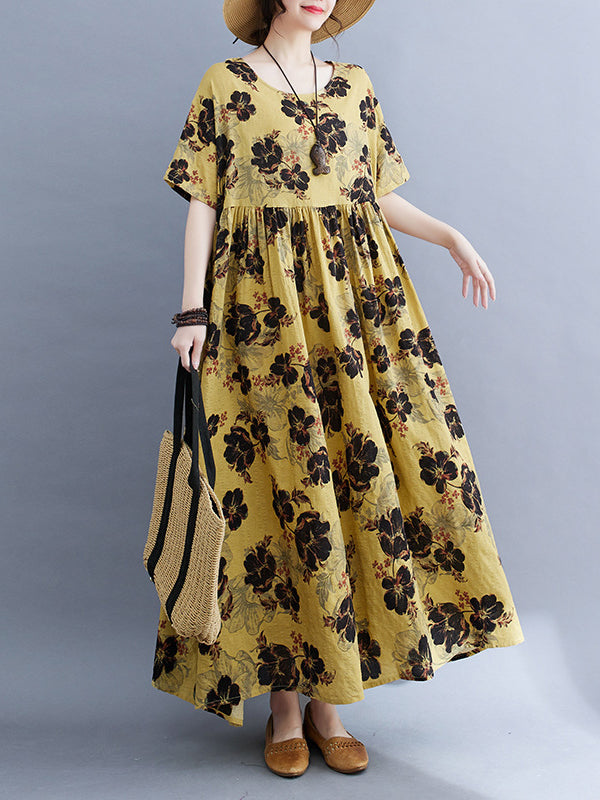 Pleated Printed Split-Joint Loose Short Sleeves Round-Neck Midi Dresses