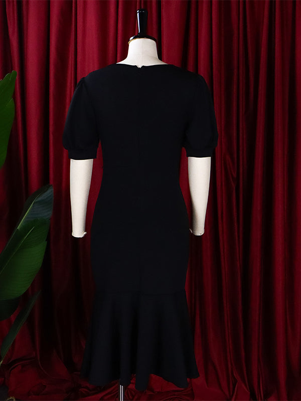 Pleated Solid Color Zipper Bodycon Mermaid V-Neck Midi Dresses