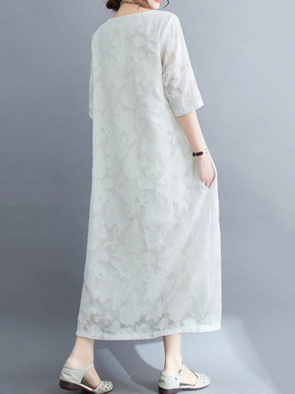 Jacquard See-Through Solid Color Loose Three-quarter Sleeves Round-neck Midi Dresses