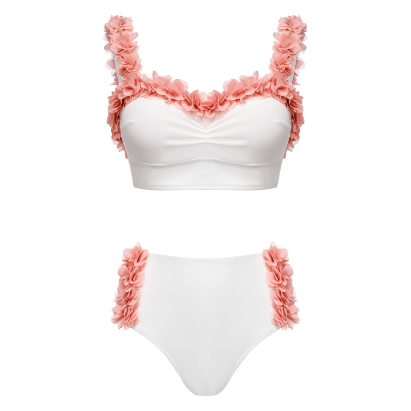 Underwired 3D Flower Applique White Bikini Swimsuit Flaxmaker