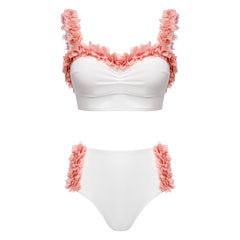 Underwired 3D Flower Applique White Bikini Swimsuit Flaxmaker