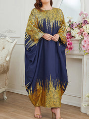 Contrast Color Printed Batwing Sleeves Long Sleeves Round-Neck Maxi Dresses