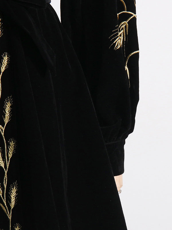 Embroidered Tied Waist Loose Puff Sleeves V-Neck Mini Dresses