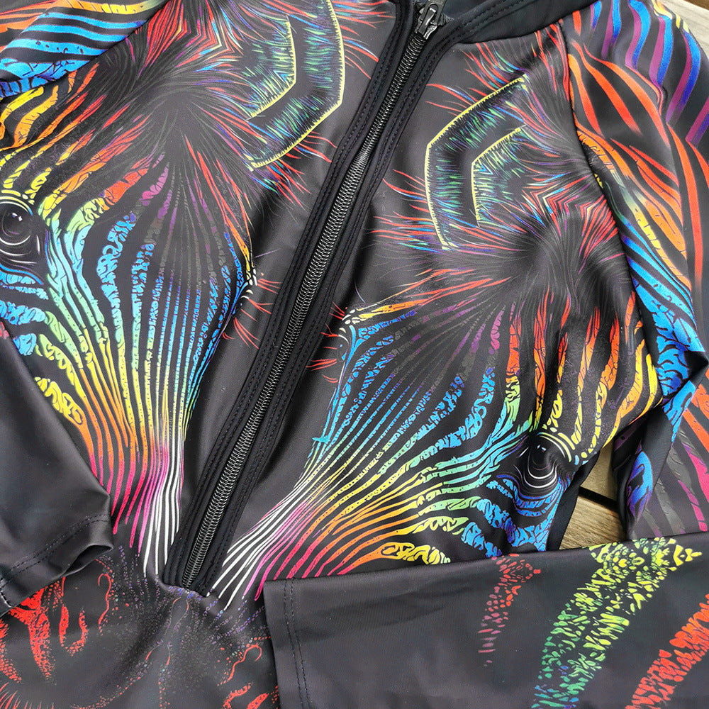 Long Sleeve Zipper Printed Surf One Piece Swimsuit Flaxmaker