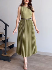 Sleeveless Pleated Solid Color Round-Neck Midi Dresses