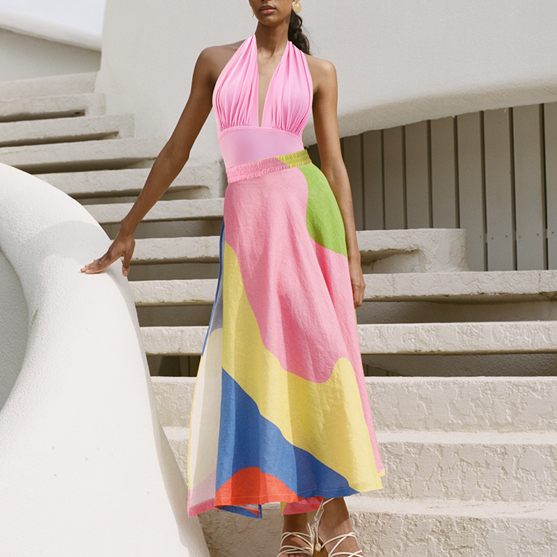 Halter V Neck One Piece Swimsuit and Skirt Flaxmaker