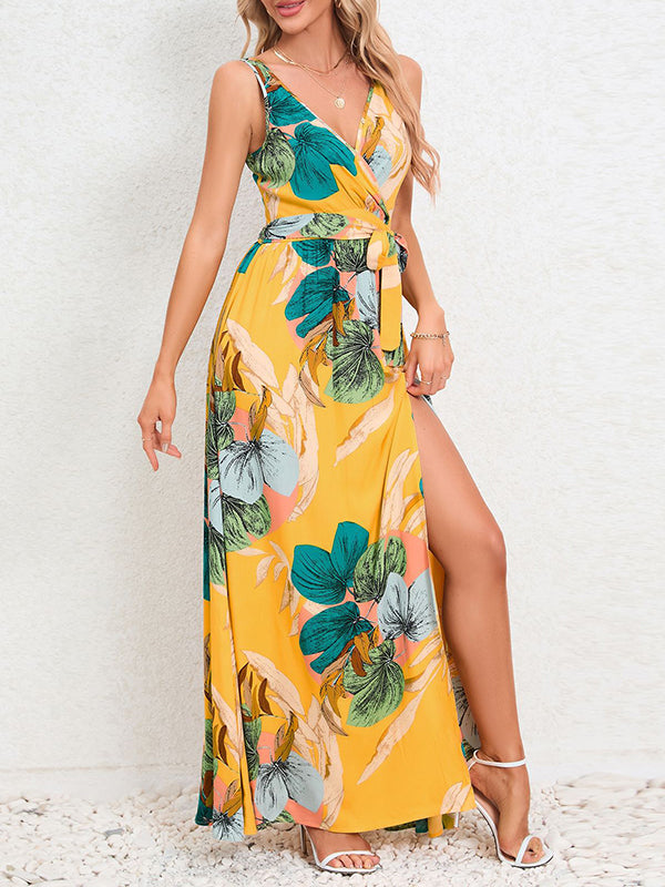 Flower Print Pleated Split-Front Tied Waist A-Line Loose V-Neck Maxi Dresses