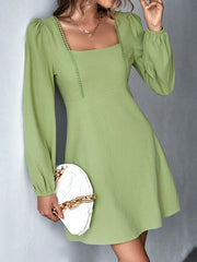 Solid Color Split-Joint A-Line High Waisted Square-Neck Mini Dresses