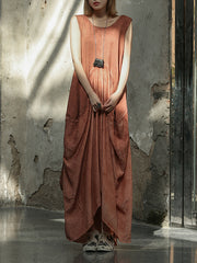 Pleated Split-Joint Loose Sleeveless Round-neck Maxi Dresses