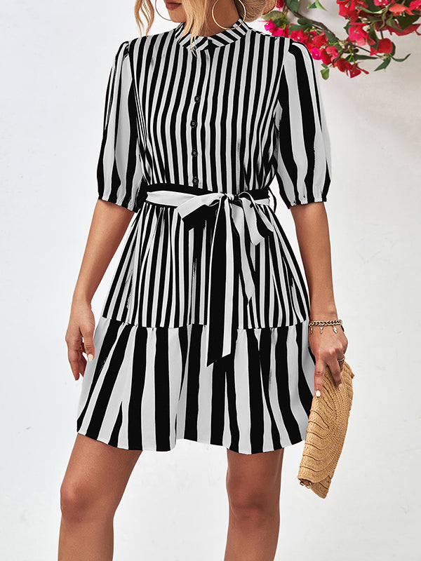 Buttoned Striped Half Sleeves Loose Stand Collar Mini Dresses