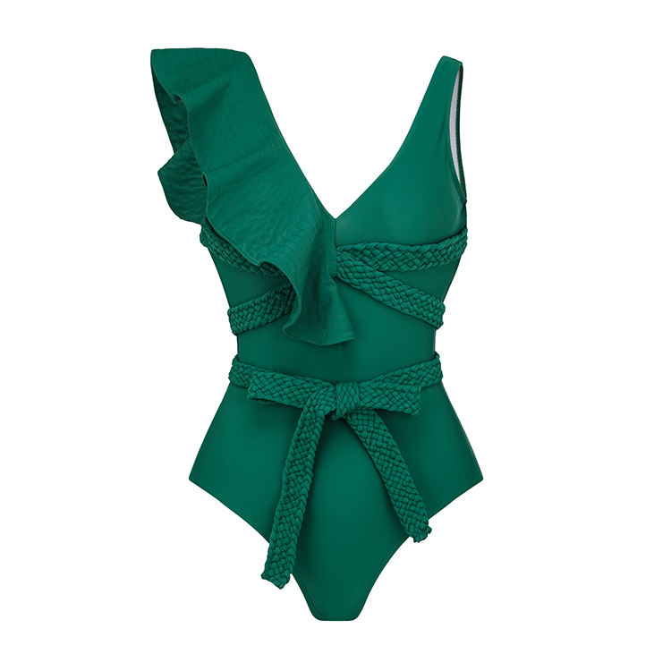 Flaxmaker Sexy Solid Color Ruffle One Piece Swimsuit