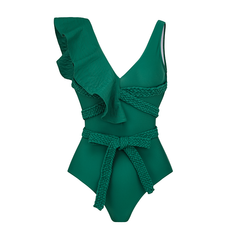 Flaxmaker Sexy Solid Color Ruffle One Piece Swimsuit