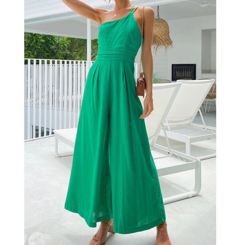 Fashion One Shoulder Solid Color  High Waist  Jumpsuit