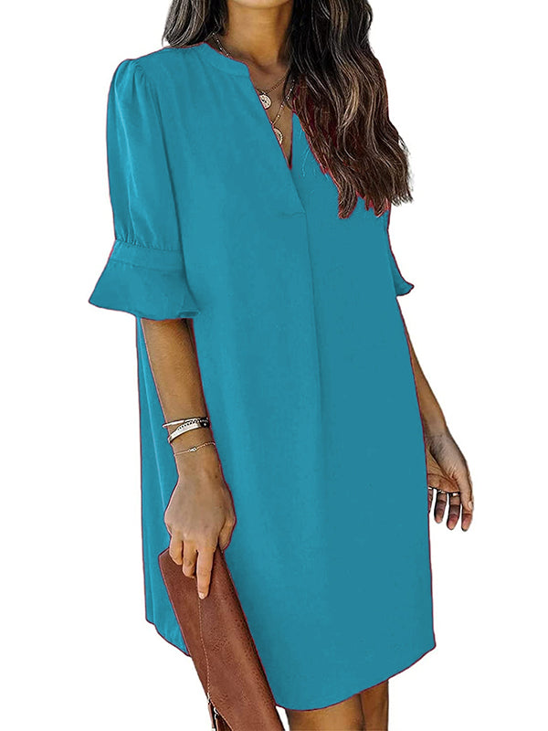 Pleated Ruffled Solid Color Split-Joint A-Line Flared Sleeves V-Neck Mini Dresses