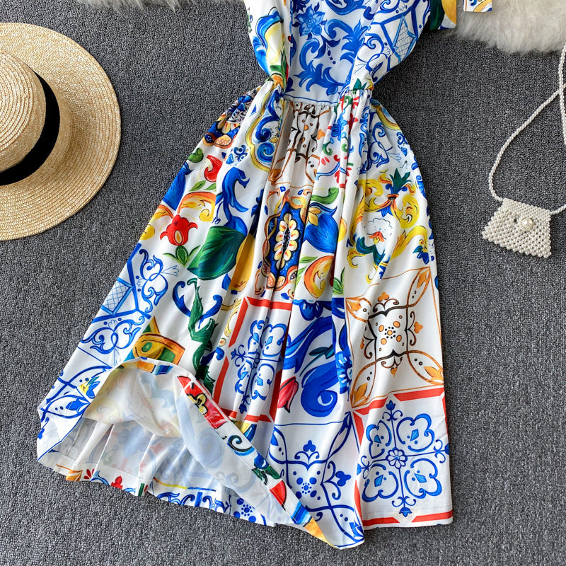 Bandage Bowknot Design Retro Printed Dress Flaxmaker