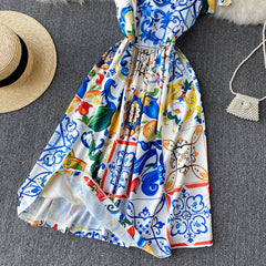 Bandage Bowknot Design Retro Printed Dress Flaxmaker
