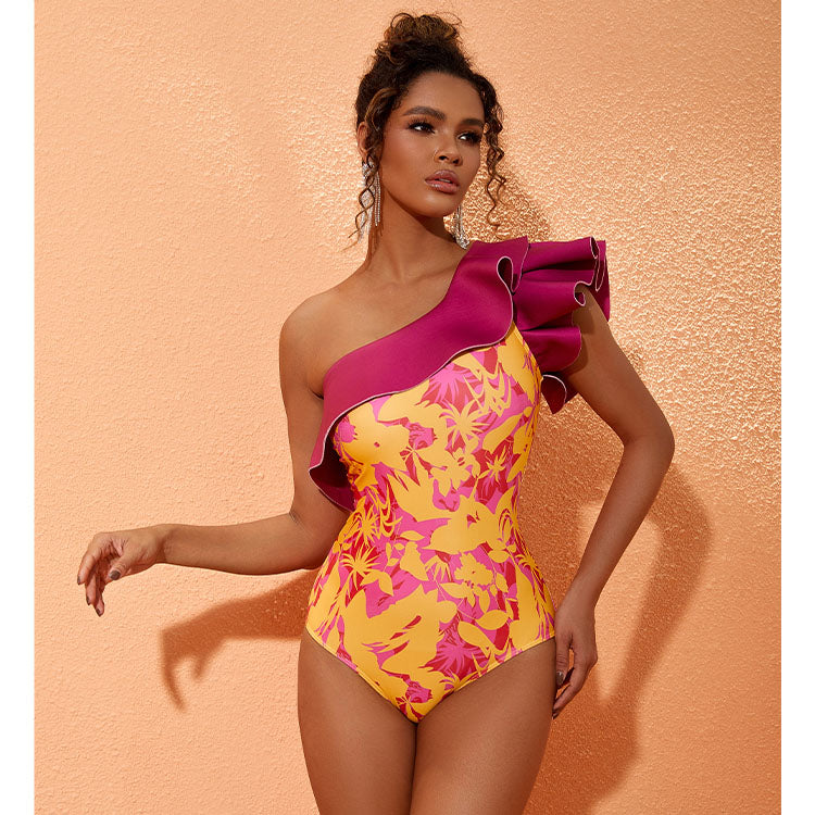 One Shoulder Ruffle Printed One Piece Swimsuit and Sarong Flaxmaker