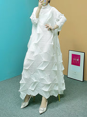 Pleated Solid Color Long Sleeves Loose Stand Collar Maxi Dresses