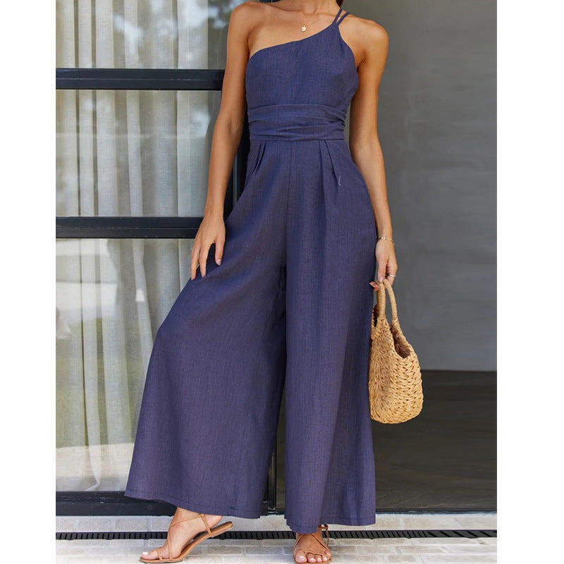 Fashion One Shoulder Solid Color  High Waist  Jumpsuit