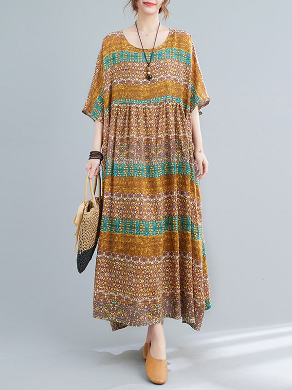 Batwing Sleeves Raglan Sleeve Printed Striped Round-Neck Midi Dresses