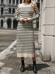 Split-Joint Striped Long Sleeves Loose Round-Neck Sweater Dresses Midi Dresses