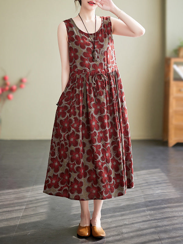 Drawstring Floral Printed Loose Oversize Round-neck Midi Dresses