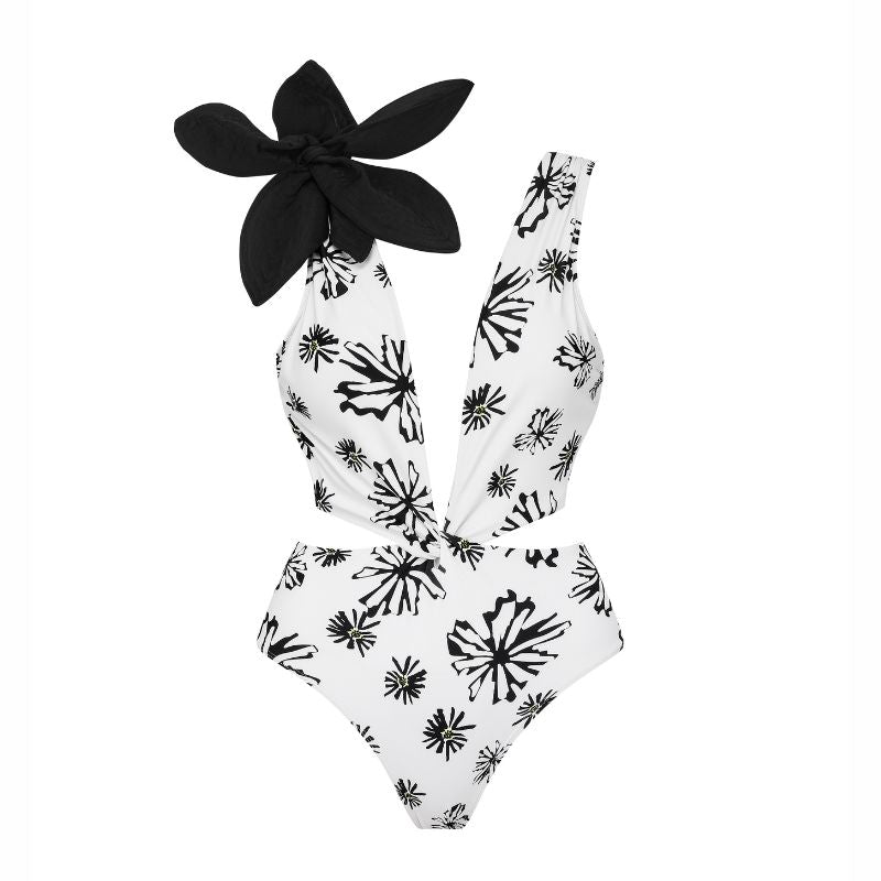 Flaxmaker Shoulder Flower Decor Printed One Piece Swimsuit and Sarong