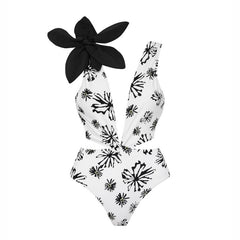 Flaxmaker Shoulder Flower Decor Printed One Piece Swimsuit and Sarong