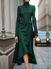 Long Sleeves Skinny Solid Color High Neck Midi Dresses