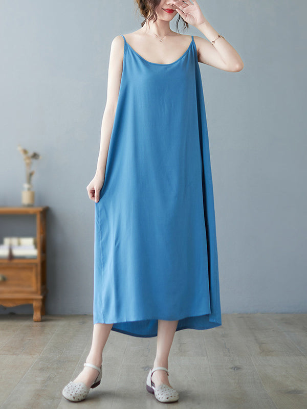 Solid Color Loose Sleeveless Spaghetti-Neck Midi Dresses