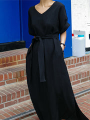 Hollow Solid Color Split-Side Tied Waist A-Line Loose V-Neck Midi Dresses
