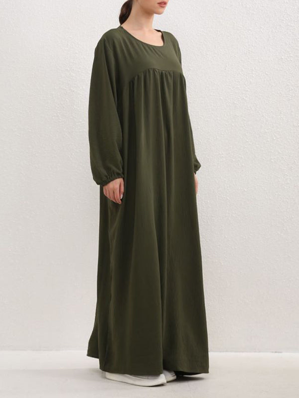 Pleated Solid Color Split-Joint Long Sleeves Loose Round-Neck Maxi Dresses