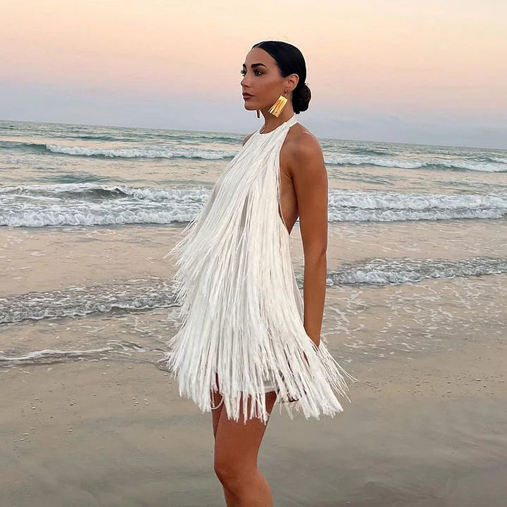 Halter Backless Fringe Mini Dress Flaxmaker