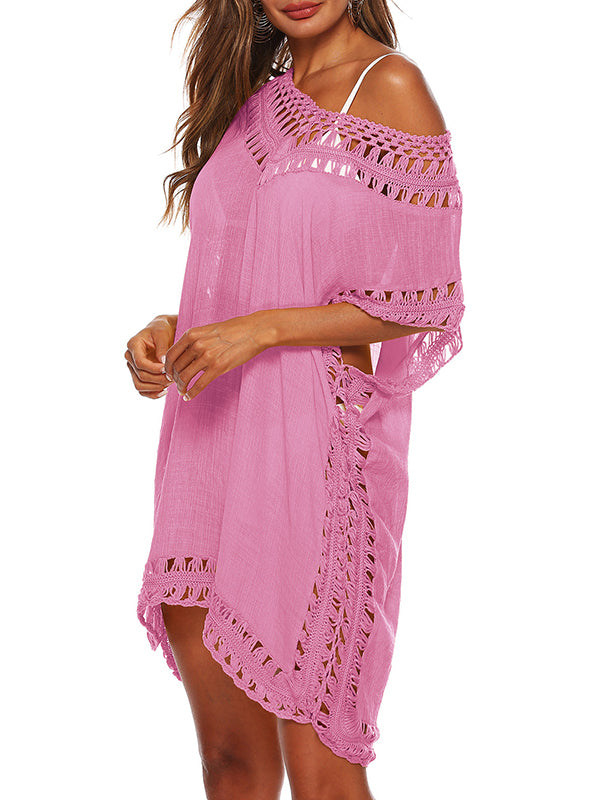 Hollow See-Through Solid Color Split-Joint Loose Raglan Sleeve V-Neck Mini Dresses