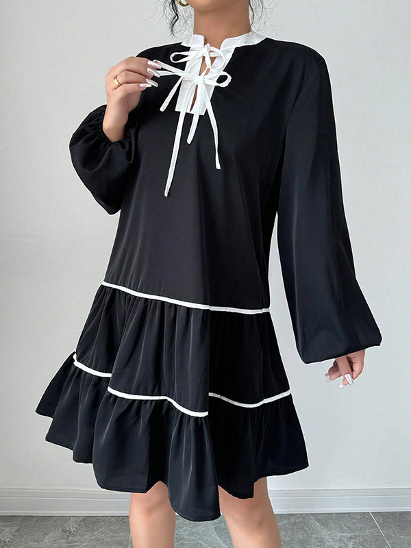 Elasticity Pleated Tied A-Line Long Sleeves V-Neck Mini Dresses