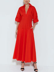 A-Line High Waisted Pleated Solid Color V-Neck Maxi Dresses Shirt Dress