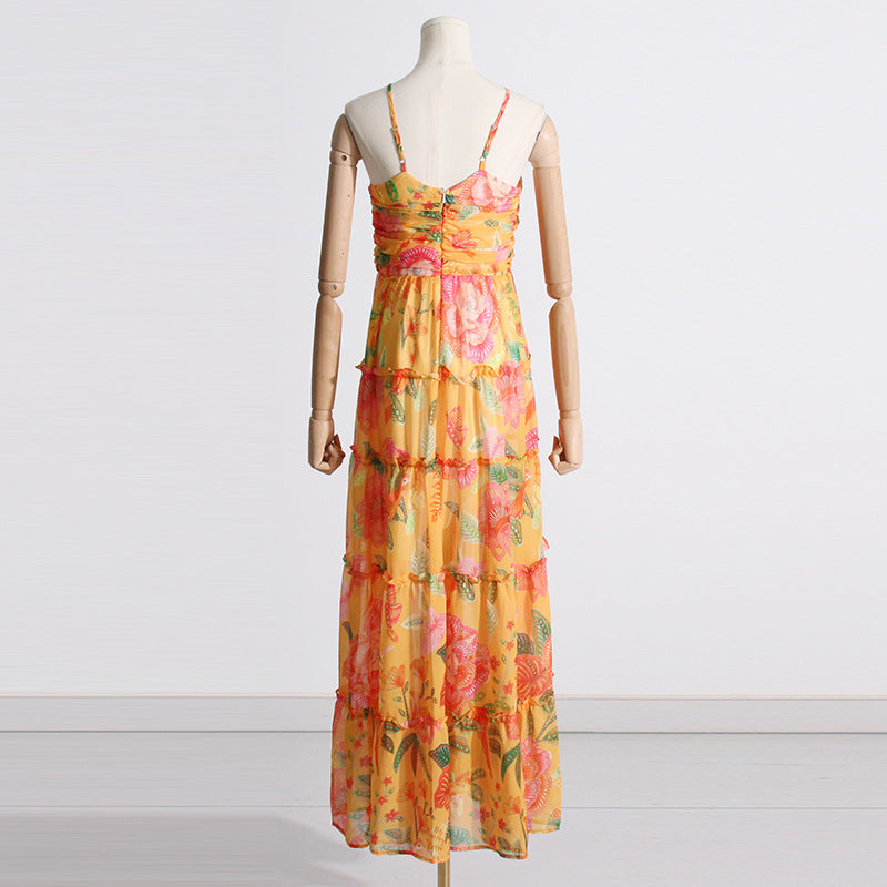 3D Flower Halter Printed Maxi Dress Flaxmaker