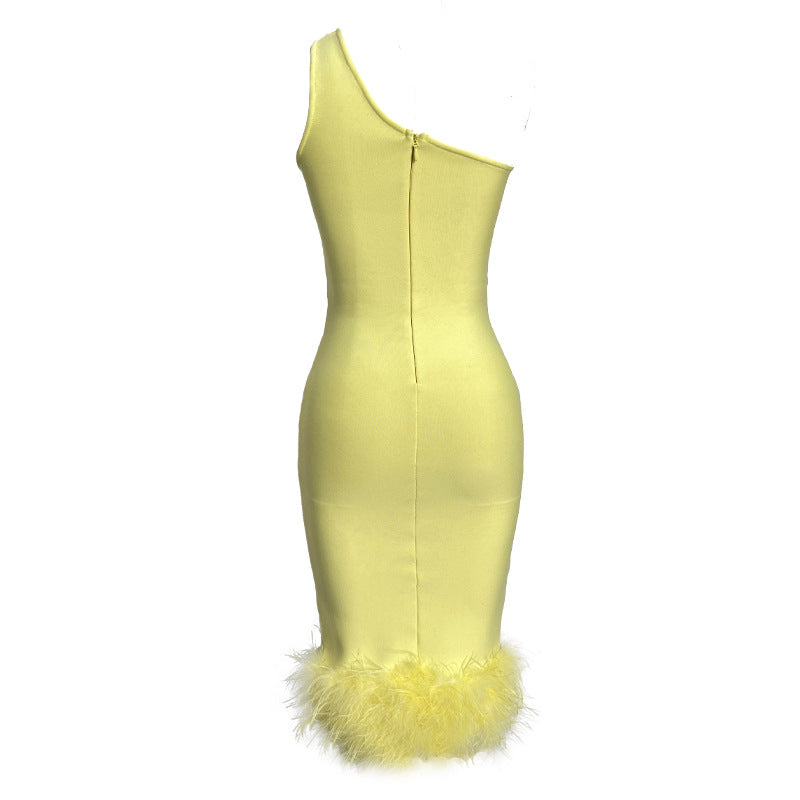 Sexy Oblique Shoulder Cutout Feathers Dress