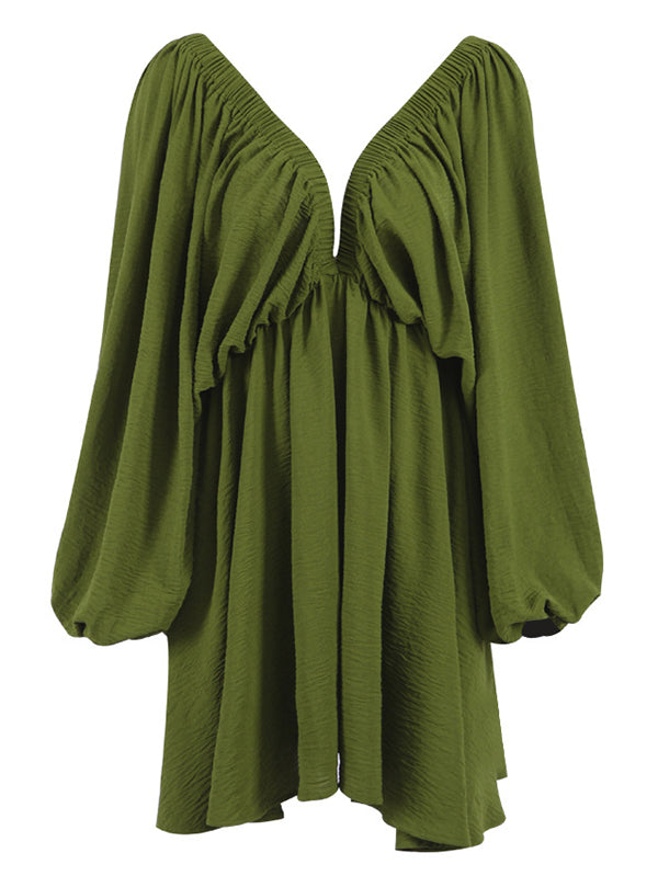 Elasticity Solid Color V-back Long Sleeves Loose Deep V-Neck Mini Dresses