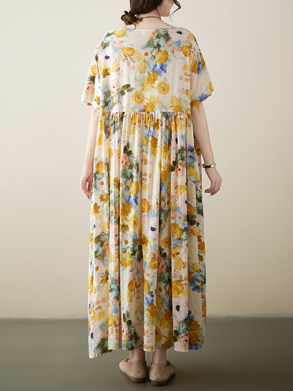 Floral Printed A-line Loose Round-neck Midi Dresses