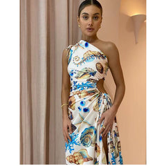 Oblique Shoulder Conch  Printed Dress