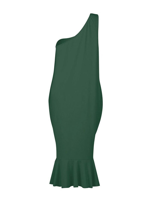 Asymmetric Pleated Solid Color Bodycon High Waisted One-Shoulder Midi Dresses