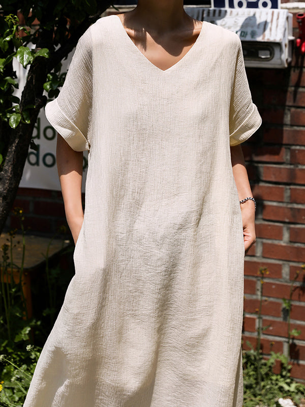 Hollow Solid Color Split-Side Tied Waist A-Line Loose V-Neck Midi Dresses