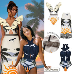 V Neck Ruffle Printed Chain Lace Up One Piece Swimsuit and Skirt(Shipped on Jan 10th)