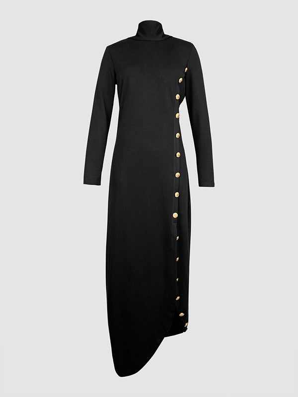 Asymmetric Buttoned Split-Joint Split-Side Long Sleeves Loose Mock Neck Maxi Dresses