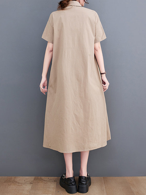 Color-Block Contrast Color Split-Joint Loose Oversize Lapel Shirt Dress Midi Dresses