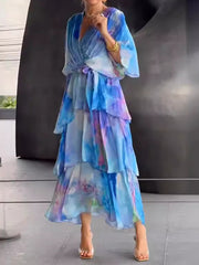 Flower Printed Gradient Ruffled Half Sleeves Maxi Dresses