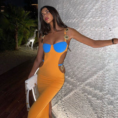 Color Block Expose Waist Maxi Dress