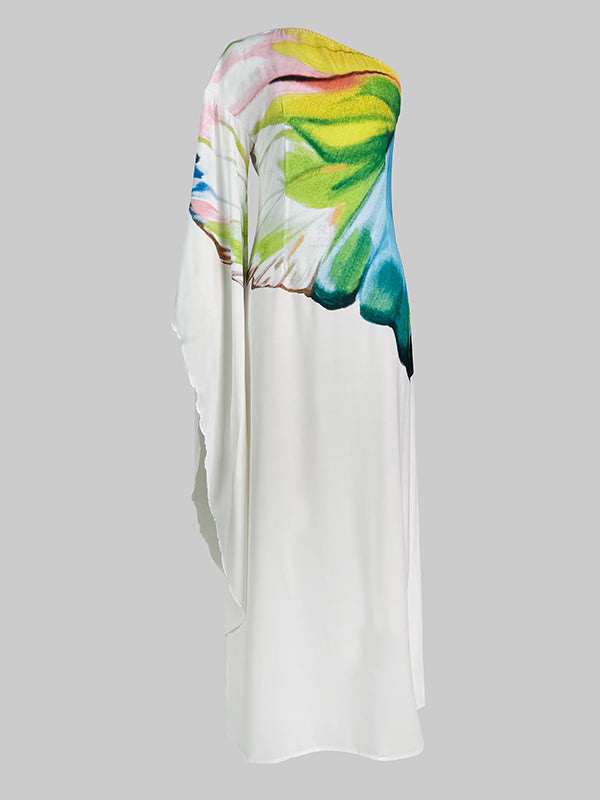 Asymmetric Flower Print Long Sleeves Loose One-shoulder Maxi Dresses